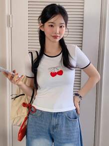 DAZY Women's Cherry Print Trim Round Neck Short Sleeve Casual T-Shirt Cute Tops
