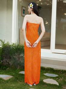 SHEIN LUNE Gaun Pantai Seksi Tanpa Lengan Warna Oranye dengan Detail Lipatan Depan dan Renda Transparan - Jeruk - View 2