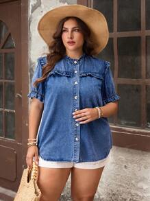 EMERY ROSE Plus Size Ruffled Hem Vintage Washed Denim Casual Blouse, Summer - Light Wash - View 5