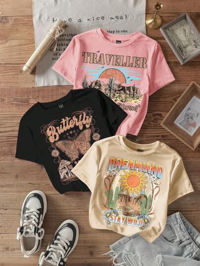 Attitoon 3 件套复古、学院风、青春期女孩休闲图案 T 恤，采用复古户外风景、蝴蝶、经典西部牛仔印花，圆领短袖修身短款上衣