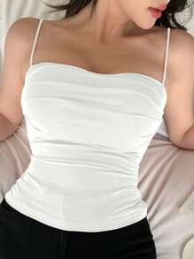 DAZY Tank Top With Built-In Padded Bust, Ruching Design, Slim Fit Camisole Crop Women Tops - White - View 5