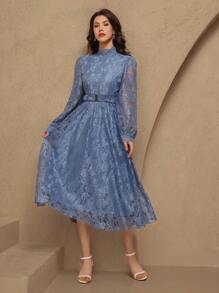 DAZY Vestido de longitud media con cuello de pie de encaje, mangas abultadas, elegante para invitada de boda, primavera, vestidos formales de mujer, vestido de fiesta de otoño - Azul - Ver 3