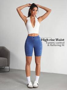 SHEIN Unity Damen Sommer Washed Elastisch Skinny Denim-Shorts - Blau - Übersicht 3