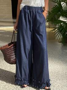 DAZY Quần Jeans Ống Rộng Phong Cách Phương Tây Cho Nữ, Viền Hoa Màu Trơn, Cạp chun, Quần Mùa Hè Thường Ngày - Màu xanh lam - Xem 4