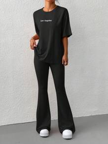 SHEIN EZwear Black Knitted Letter Embroidered Flare Pants Set - Black - View 5