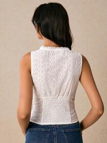 Poéselle Top de vară casual pentru femei, culoare solidă, cu broderie, cu goluri, culoare solidă