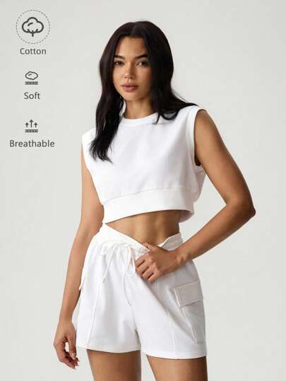 Hanevo Women's Summer New Casual Sports Suit, Traceable Fabric, Round Neck Rib Splicing Vest, Elastic Waist Drawstring Tie Loose Shorts With Side Pockets, Suitable For Daily Sports, Leisure And Home Wear Sportwear For Daily Wear