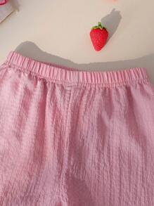 2pcs Girls' Pajama Set, Textured Fabric, Cherry Embroidery, Pocket Decor, Comfortable Short Sleeve Top And Shorts