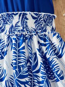 Teen Girls' Summer Off-Shoulder Leaf Print Splice Vacation Dress - Blue - View 6