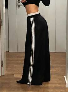 SHEIN ICON Women Y2K Chic Black Casual Street American Side Stripe Wide Leg Pants - Black - View 4