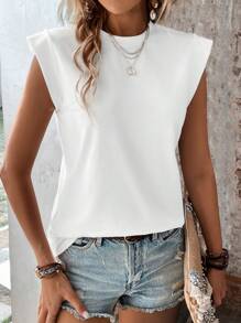 SHEIN PETITE Camiseta ancha de hombros de unicolor y de uso versátil, casual para el verano