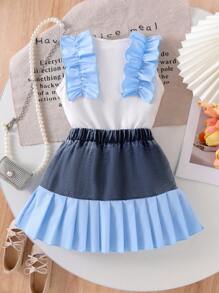 Elladie kids 2pcs/Set Young Girl Blue Cute Lace Knitting Camisole Top With Denim Patchwork Pleated Skirt, Summer Holiday Casual Outfit - Baby Blue - View 2