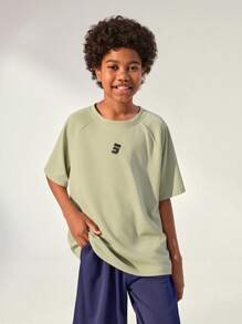 JNSQ Back To School Casual Outdoor Sports Short Sleeve T-Shirt, Kids Round Neck Funny Number Print Outdoor Leisure Sports Short Sleeve T-Shirt - Apricot - View 3