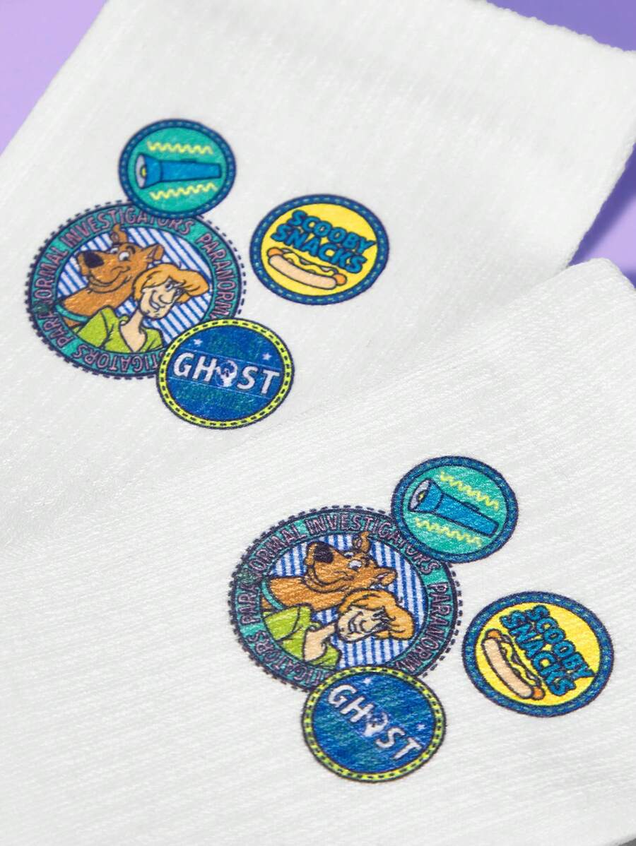 SCOOBY-DOO X SHEIN 1 Pair Cartoon Pattern White Crew Socks - Multicolor - View 1