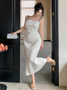 DAZY Contrast Color Round Neck Sleeveless Midi Dress For Women Carnival - Beige - View 8