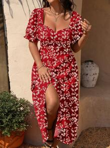 SHEIN Clasi Robe élégante à manches courtes, col V et ourlet fendu, couleur unie, grande taille - Multicolore - Voir 4
