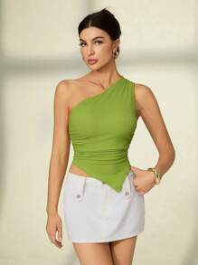 SHEIN Tall Women's Asymmetric Neck Blouse For Summer Holiday Off The Shoulder Top - Green - View 6