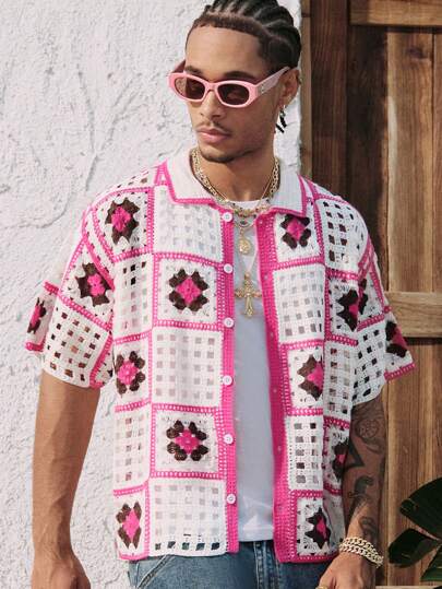 Street Life Men Perforated Contrast Color Front Button Casual Short Sleeve Knitted Cardigan Vacation