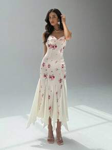 Aloruh 女士V领花卉印花修身美人鱼连衣裙，适合节日约会，春夏季 - 彩色 - 查看 1