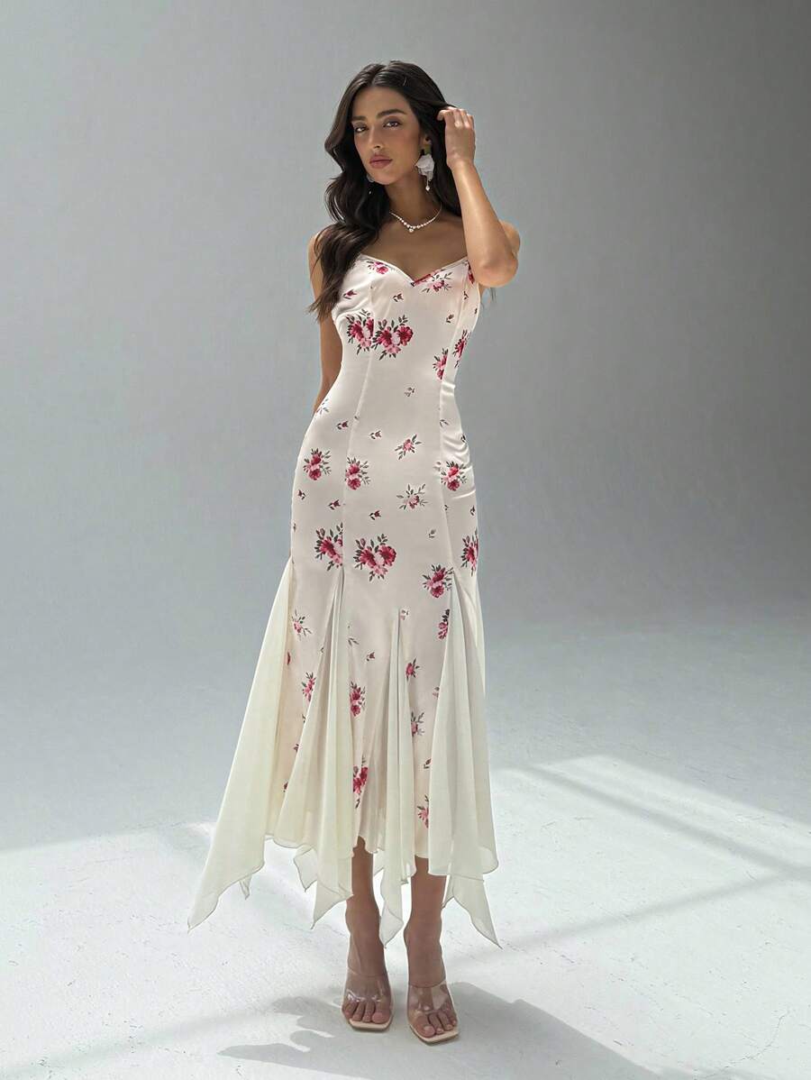 Aloruh 女士V领花卉印花修身美人鱼连衣裙，适合节日约会，春夏季 - 彩色 - 查看 1