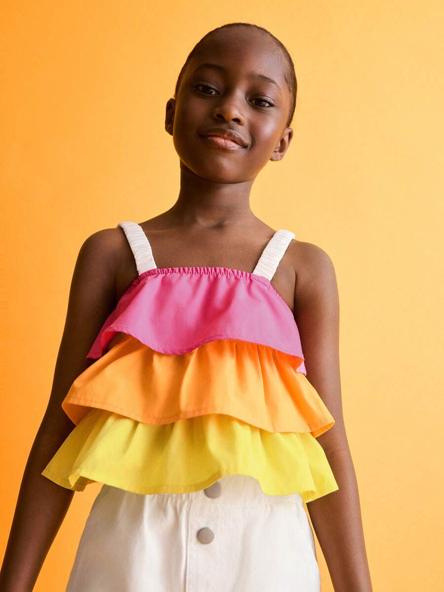 SHEIN Young Girls Colorful Contrast Ruffled Tank Tops & Camis, Summer Casual