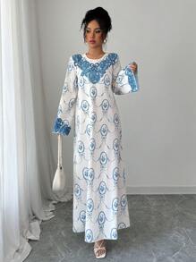 SHEIN Najma Women Loose Fit Long Printed Woven Dress, Modest - Blue - View 5