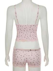 INAWLY Solva Set de 2 piezas para mujer con top de tirantes con encaje y shorts a contraste con estampado floral diminuto