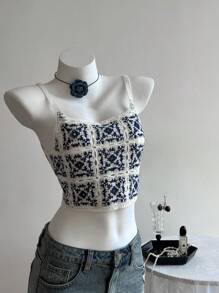 Elamini Sexy Summer Beach Vacation Floral Print Knit Camisole Top