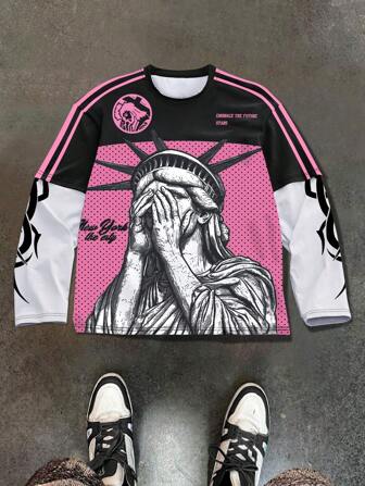 Manfinity EMRG Men's Colorblock Round Neck Long Sleeve Minimalist Graphic Print Casual T-Shirt, Fall