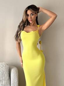 SHEIN ICON 女式露背紧身长裙，3D花卉装饰，性感露背 - 黃色 - 查看 5
