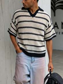 Manfinity Homme Men's Knitted Short Sleeve Top, Fashionable For Summer Men Vacation Men Knit Tops Knit Top Men Men Knitted Top Knit Men S Shirt Knitted Shirts For Men - Black and White - View 5