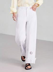 LYSMO Quần Jeans Ống Thẳng Thêu Lỗ Trắng Thường Ngày Cho Nữ - trắng - Xem 7