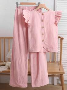 SHEIN 2er Set - Teenager Mädchen Lässig, vielseitig, Alltags-Tauglich, bequeme Bluse mit Rüschensaum & weite gewebte Hose, rosa, geeignet für Zuhause, Sport, Urlaub, Ausflüge, Partys, Dates, Einkaufen, Schule, Schulbeginn