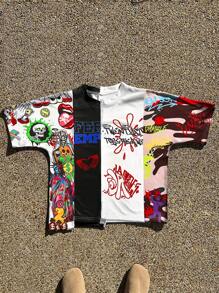 Manfinity EMRG Men's Fashion Colorblock Graffiti Printed T-Shirt (Flower Design Random)