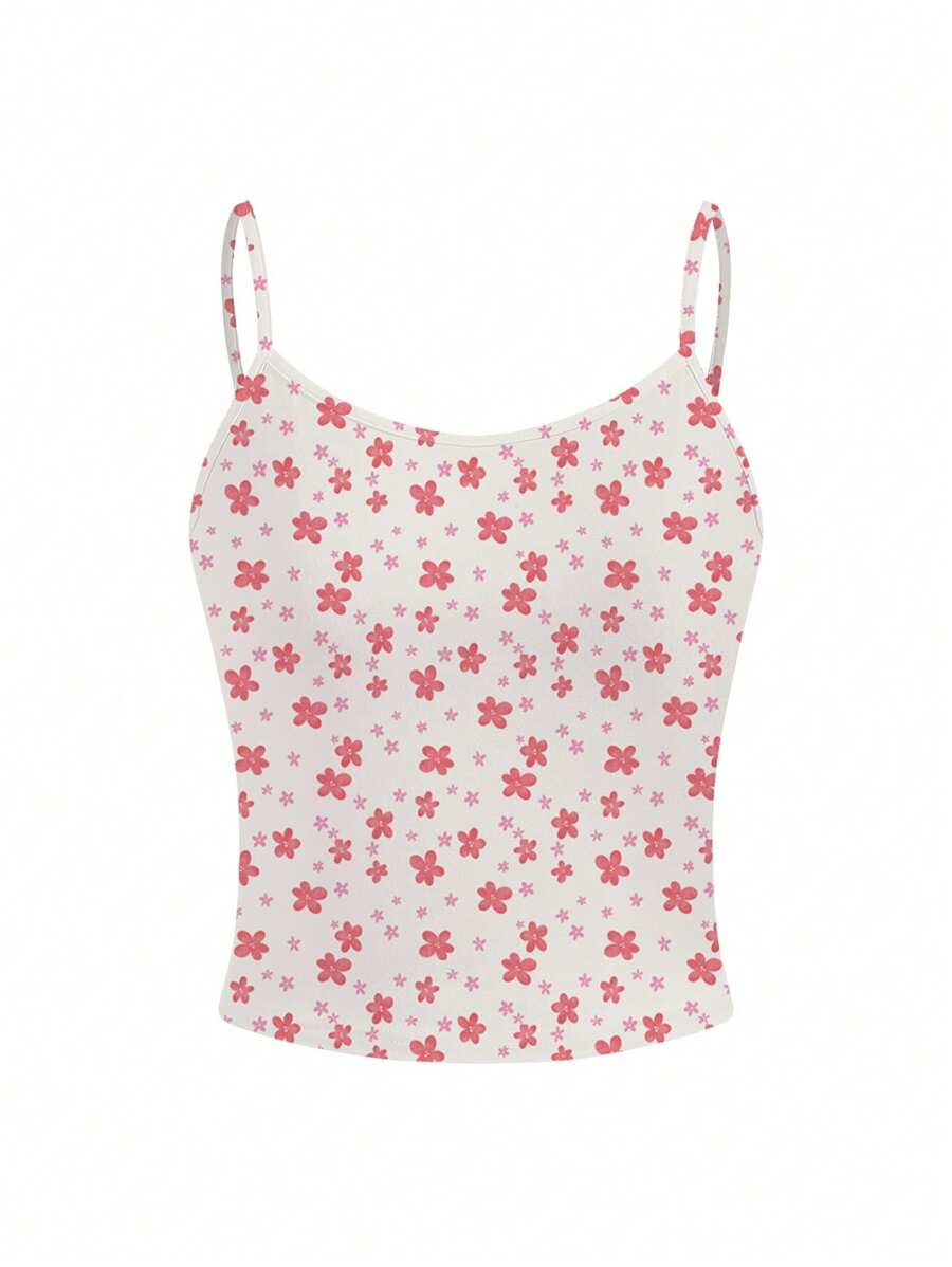 Luiza Werlang Floral Pattern Women's Fitted Camisole Tank Top, Suitable For Vacation In Summer - Baby Pink - View 1