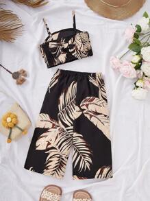 SHEIN Leap Crew Babygirl 可爱花卉印花吊带背心和松紧腰长裤套装，夏季度假 - 彩色 - 查看 2