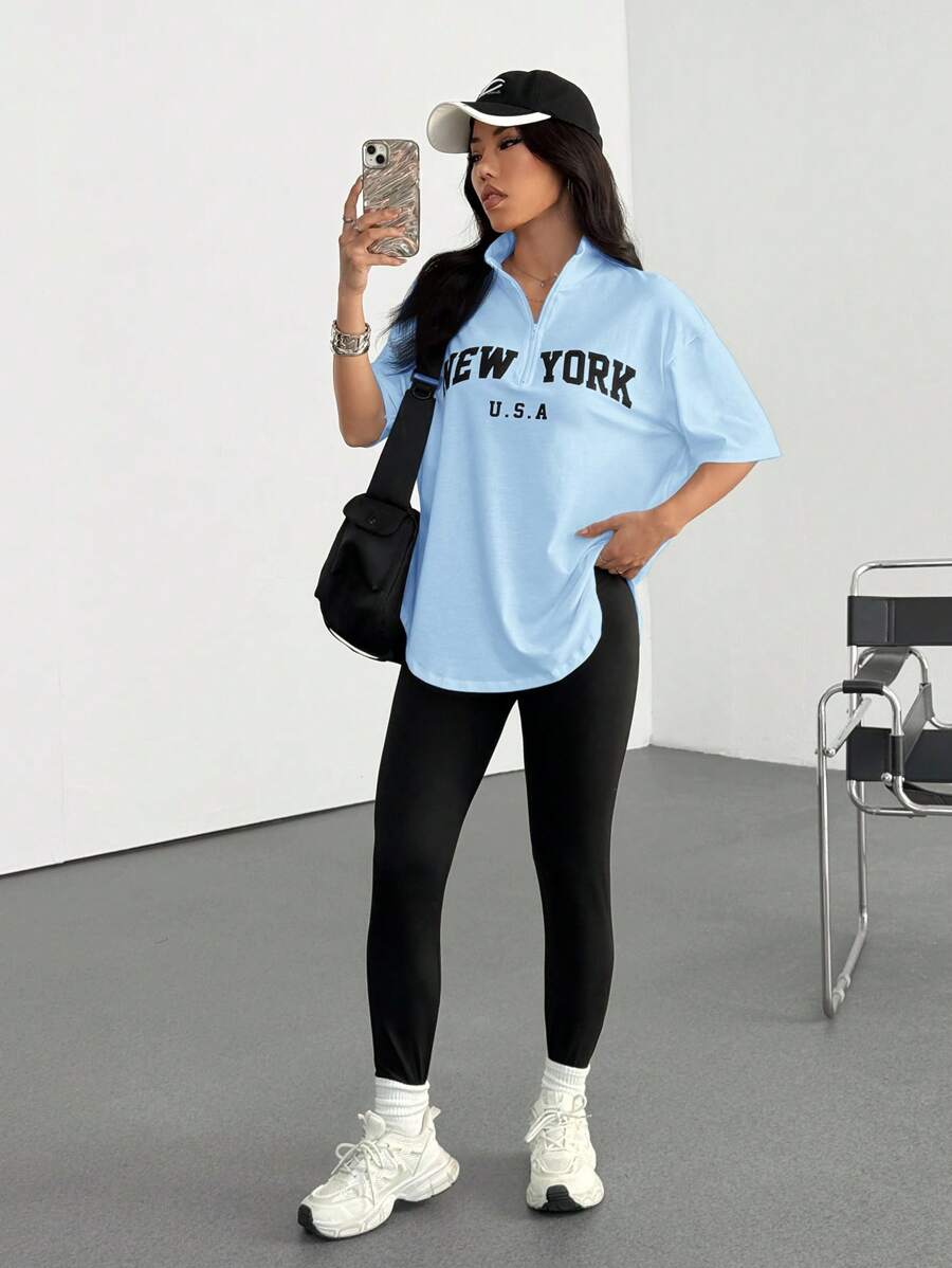 SHEIN EZwear 女士新款字母刺绣领T恤和紧身裤套装 - 藍色 - 查看 1