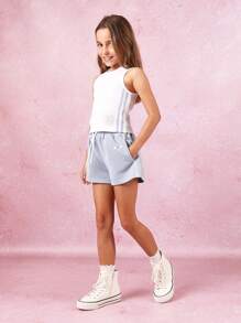 SUMWON Conjunto de top y pantalones cortos de verano deportivo para niñas, conjunto de dos piezas para entrenamiento y hacer deporte, con estampado numérico, ropa básica moderna esencial para actividades y ocio.
