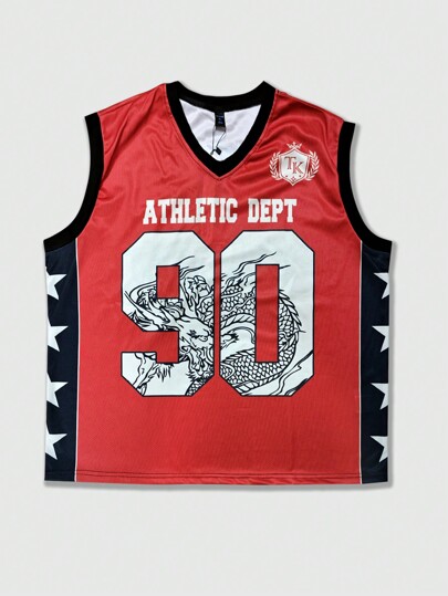 Anime Men's Dragon Basketball Colorblock Splicing Graphic Star & Number Print Sleeveless T-Shirt