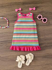 SHEIN Baby Girls' Casual Cute Colorful Striped Contrast Ruffle Trim Dress - Pink - View 2