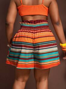 Slaydiva 2025 Spring & Summer New Arrival Colorful Striped Print Loose Ruffle Waist Band Pocket Women Plus Size Shorts, Beach/Resort Wear
