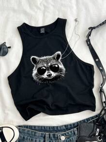 Attitoon 休闲简约圆领修身女式吊带背心，34%棉，浣熊印花，适合夏季 - 黑色 - 查看 5