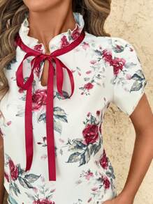 SHEIN Clasi 女式碎花荷叶边系带前衬衫，惊艳优雅独特碎花夏季女装碎花碎花衬衫，波西米亚风