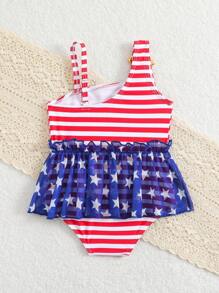 Baby Girl Cute Star Print Mesh One-Piece Swimsuit For Fourth Of July - Multicolor - View 2