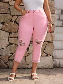 EMERY ROSE Plus Size Simple Plain Ripped Skinny 7/8 Length Denim Jeans - Pink - View 3