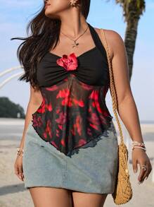 SHEIN EZwear 夏季度假加大码黑色网眼花卉3D装饰吊带背心 - 黑色 - 查看 1