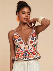 Travachic 女士花卉印花荷叶边下摆吊带背心，适合度假，夏季服装，女士夏季服装，女士度假服装，休闲假日海滩度假，女士沙滩服装，女士节日服装