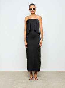 AiiRZ Satin Double Layer Cami Long Dress With Draped Overlay Back - Black - View 4