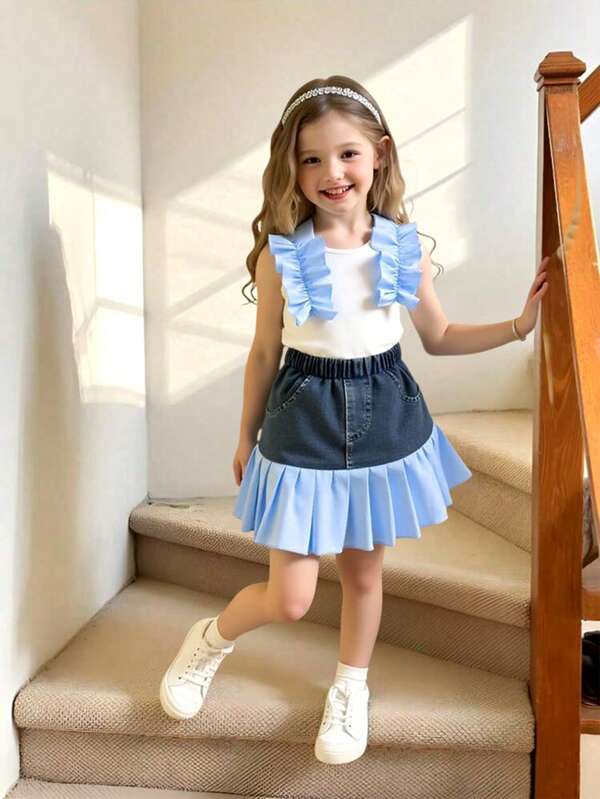 2pcs/Set Young Girl Blue Cute Lace Knitting Camisole Top With Denim Patchwork Pleated Skirt, Summer Holiday Casual Outfit