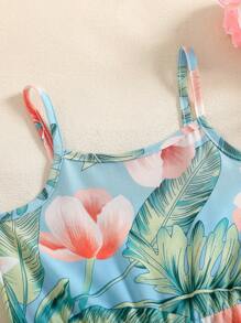 Young Girls Digital Print Adjustable Waist Jumpsuit, Suitable For Daily Casual, Beach Vacation, Summer - Multicolor - View 7